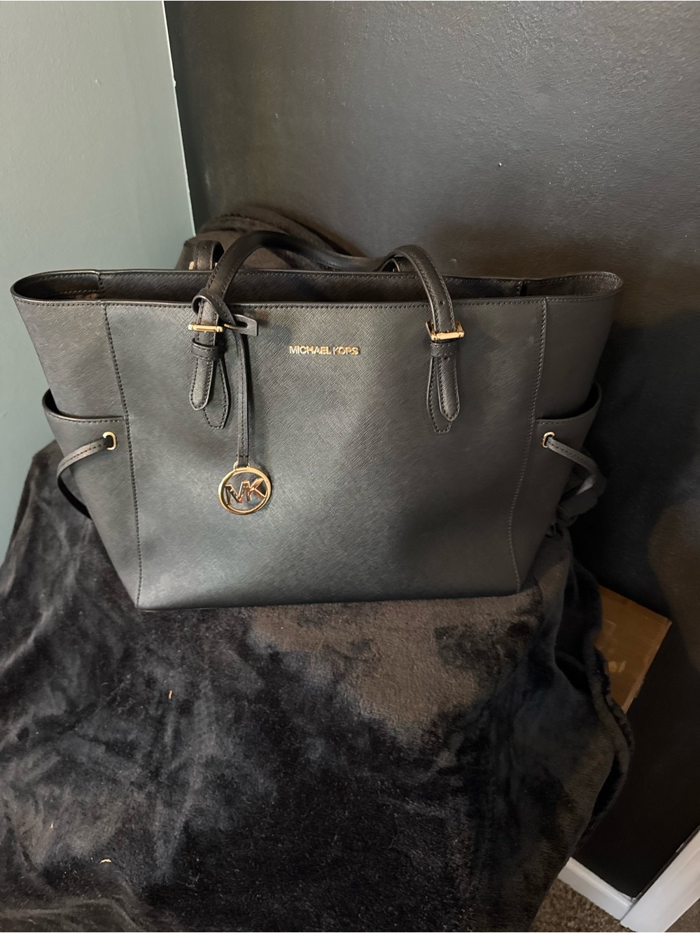 Michael Kors Black Saffiano Leather Tote with Gold Accents